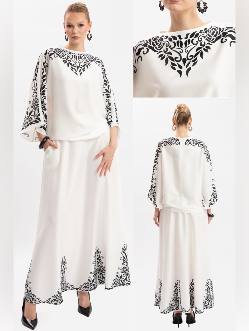 Women's White Maxi Skirt with Black Floral Trim